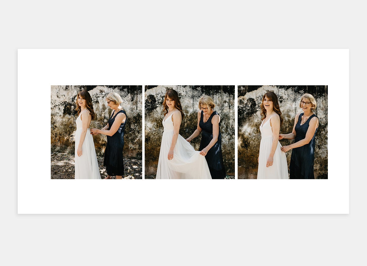 Spread in wedding album with photos of mother helping daughter get ready